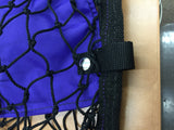 Purple pouch in a net showing how the pouch is snapped onto the seam of the net