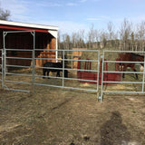horse and a black pony in a metal pen with  an EZ Feeder hay net kit over a round bale on a red feeder