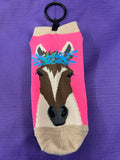 Pink sock with 1 horse head + tan trim