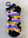 Striped sock with black horses + hearts