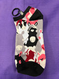 Grey sock w/black trim and multi colored horses on purple background