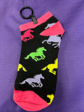 black sock w/hot pink trim + multiple solid colored horses