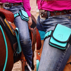 image showing a Teal HorseHolster being worn on the thigh while riding