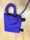 blue pouch with a looped purple draw cord