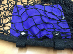 Purple pouch with snap closure and 2 straps with snaps to attach to seam of round bale nets to hold excess drawcord 