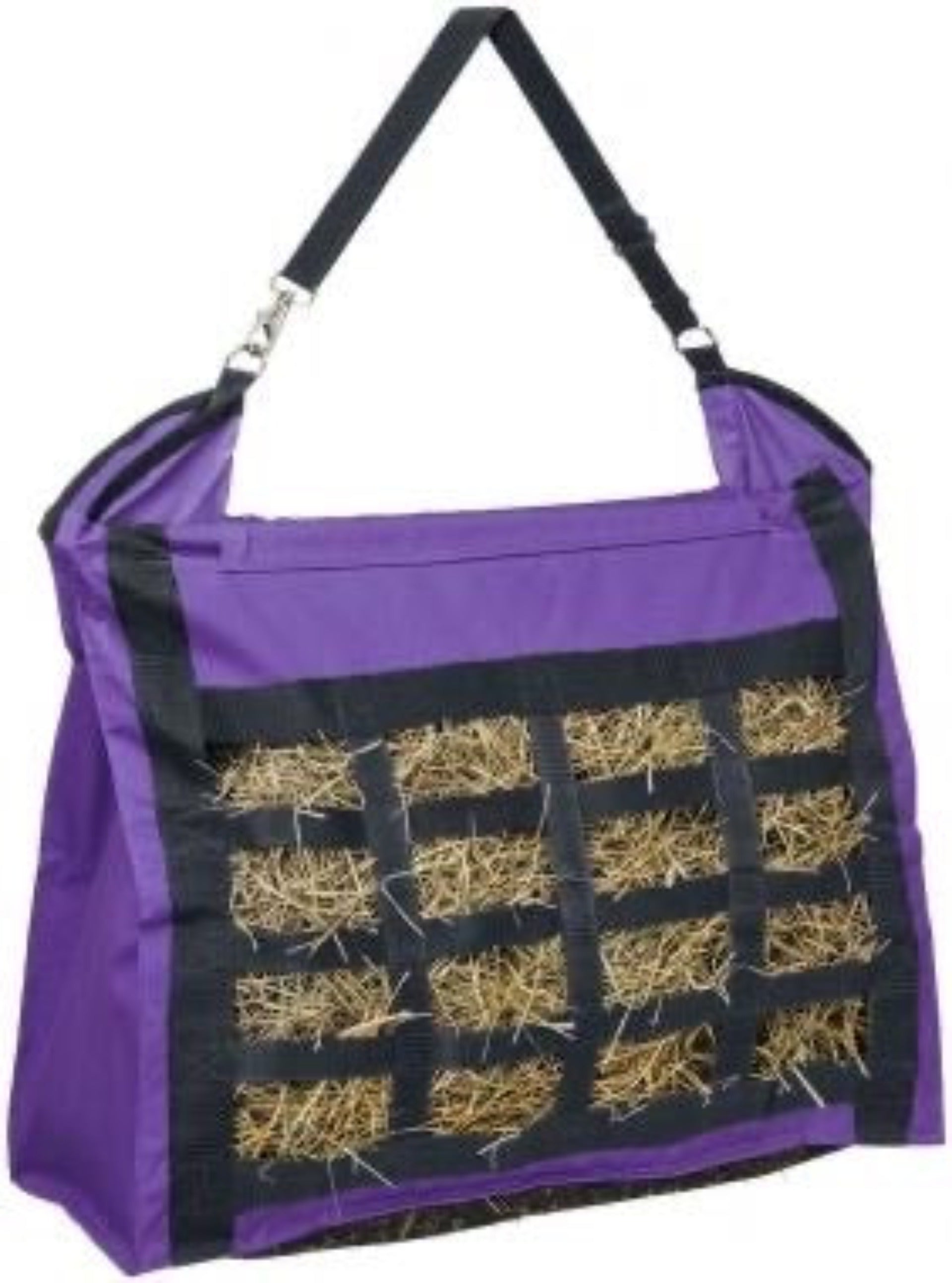 Purple hay bag with webbed front and adjustable strap with snap