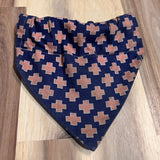 Navy with boxie orange cross print overthecollar dog bandana