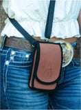 close up of woman wearing Brown HH crossbody