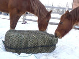 2 sorrel horses eating froma Square EcoNets hay net on a Square bale