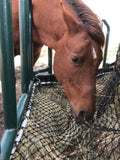 Close up of EZ Feeder hay net kit on green feeder with sorrel horse eating the hay